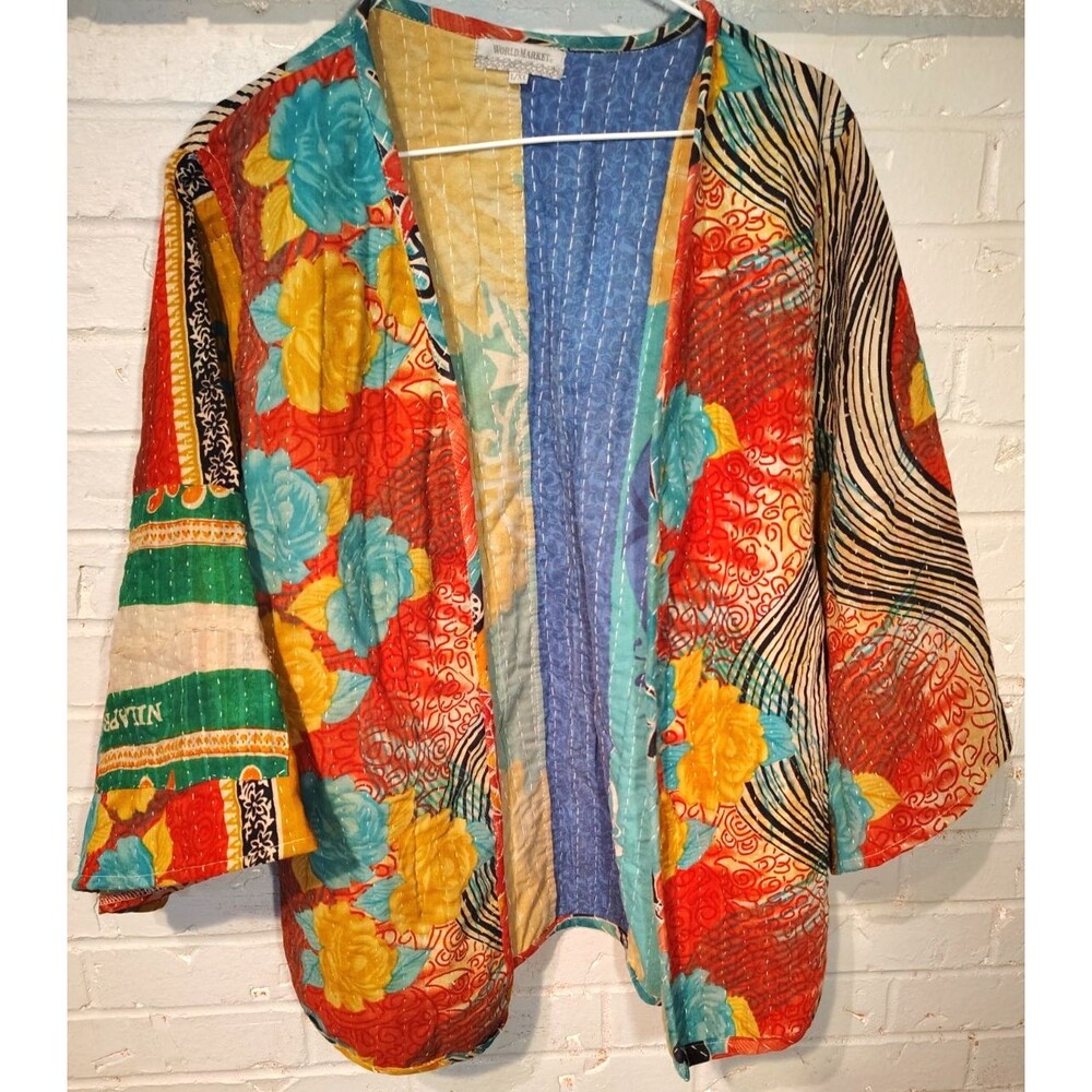 World Market Quilted Cotton Women's Jacket Kimono Sleeves Floral Open Front L/XL